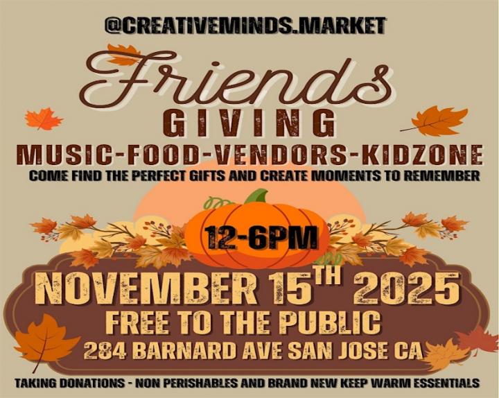 Promotional graphic reading “Friendsgiving” with additional details about date, location, and time.