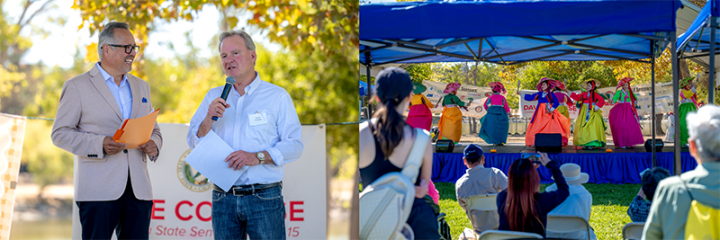 1) Senator Cortese photographed with MC, Len Ramirez; 2) Silicon Valley Korean American Citizens League performing a traditional Katuri dance