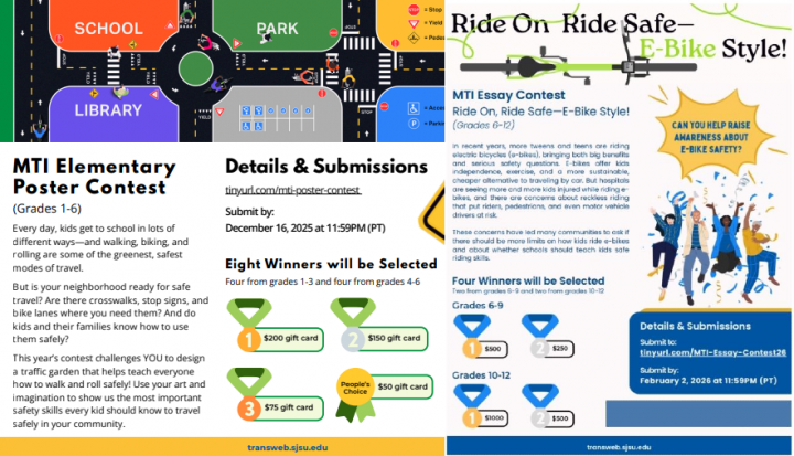 Promotional Graphics reading “MTI Elementary Poster Contest” and “MTI Essay Contest” with additional details regarding submission and criteria.