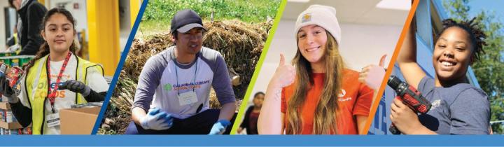 Four pictures of a different community member each, serving the public through food packaging, gardening, and building.