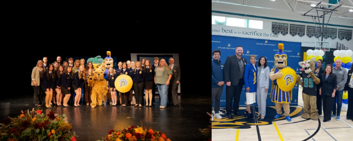 1) Photograph of Morgan Hill Unified School District students, faculty, and administrators with SJSU leadership and mascot. 2) Gilroy Unified School District administrators and elected officials with SJSU President Cynthia Teniente Matson and mascot.