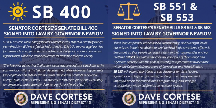 Graphic reading “SB 551 & SB 553” and “Senator Cortese’s Senate Bills SB 551 & SB 553 signed into law by Governor Newsom” among other specifications on the bills