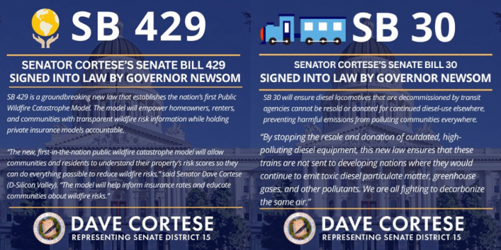 Graphic reading “SB 429” and “Senator Cortese’s Senate Bill SB 429 signed into law by Governor Newsom” among other specifications on the bill. Graphic reading “SB 30” and “Senator Cortese’s Senate Bill SB 30 signed into law by Governor Newsom” among other specifications on the bill.