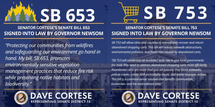 Graphic reading “SB 653” and “Senator Cortese’s Senate Bill SB 653 signed into law by Governor Newsom” among other specifications on the bill. Graphic reading “SB 753” and “Senator Cortese’s Senate Bill SB 753 signed into law by Governor Newsom” among other specifications on the bill.