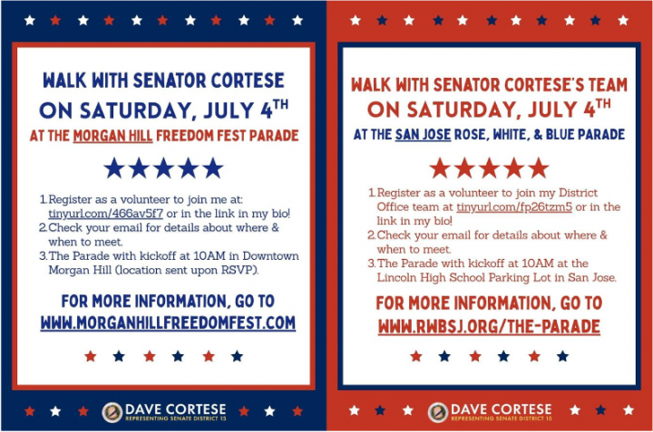 Two side-by-side graphics, detailing information about the Morgan Hill Freedom Fest and the Rose, White, and Blue Parades