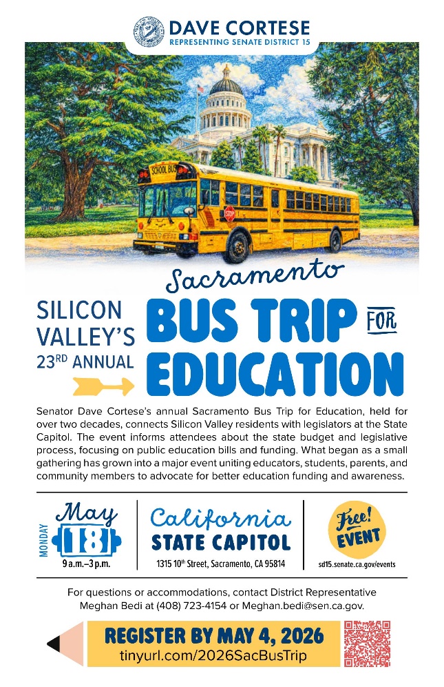 Informational Graphic reading "Silicon Valley's 23rd Annual Sacramento Bus Trip for Education" with additional details