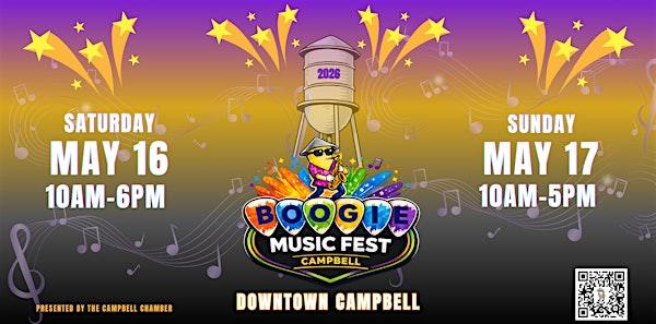 Informational graphic reading “Boogie Music Fest”