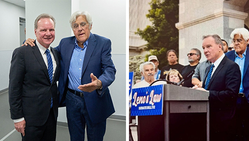 Image 1: Senator Cortese standing beside Jay Leno for a photograph. Image 2: Senator Cortese speaking at a podium with a blue sign that reads “Leno’s Law. Senate Bill 712.” Jay Leno stands behind him.