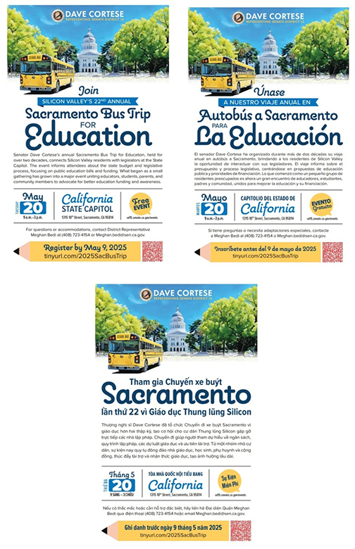 Flyer 1: Event flyer in English, with title, location, date, and time. Flyer 2: Event flyer in Spanish, with title, location, date, and time. Flyer 3: Event flyer in Vietnamese, with title, location, date, and time.