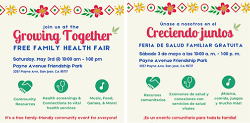 Image #1 Description: Event flyer in English, with title, location, date, and time. Image #2 Description: Event flyer in Spanish, with title, location, date, and time.