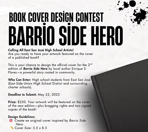 Contest flyer in black and white, titled “Book Cover Design Contest: Barrio Side Hero.”