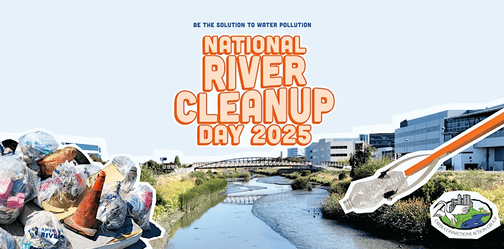 Orange text overlaying a photo of a bridge, reading “Be the solution to water pollution. National river cleanup day 2025.”