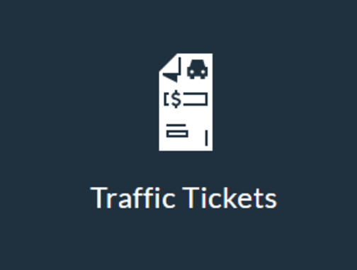 Cartoon ticket on a dark blue background with text that reads “Traffic Tickets.”