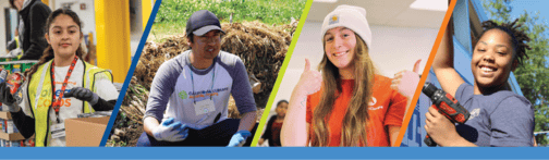 Four pictures of a different community member each, serving the public through food packaging, gardening, and building.
