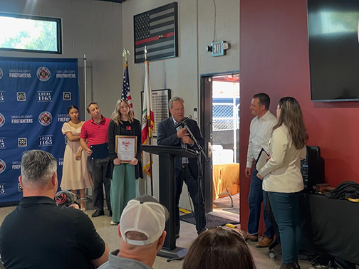 Senator Cortese speaking to attendees at the Santa Clara County Firefighters Union Hall grand opening.