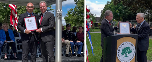 Senator Cortese presenting a Certificate of Recognition to Oakhill Hill Memorial Park and to the Campbell Veterans Memorial Foundation 