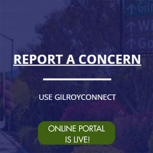A purple background behind the words “Report a Concern. Use GilroyConnect, Online portal is live!”
