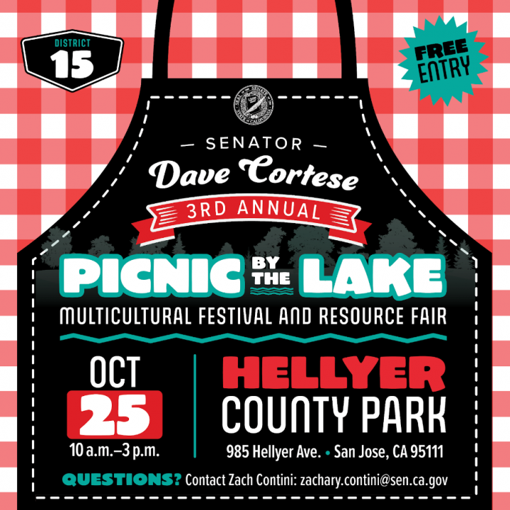 Flyer graphic for Senator Cortese's Picnic by the Lake event held at Hellyer County Park on October 25 from 10AM - 3PM.