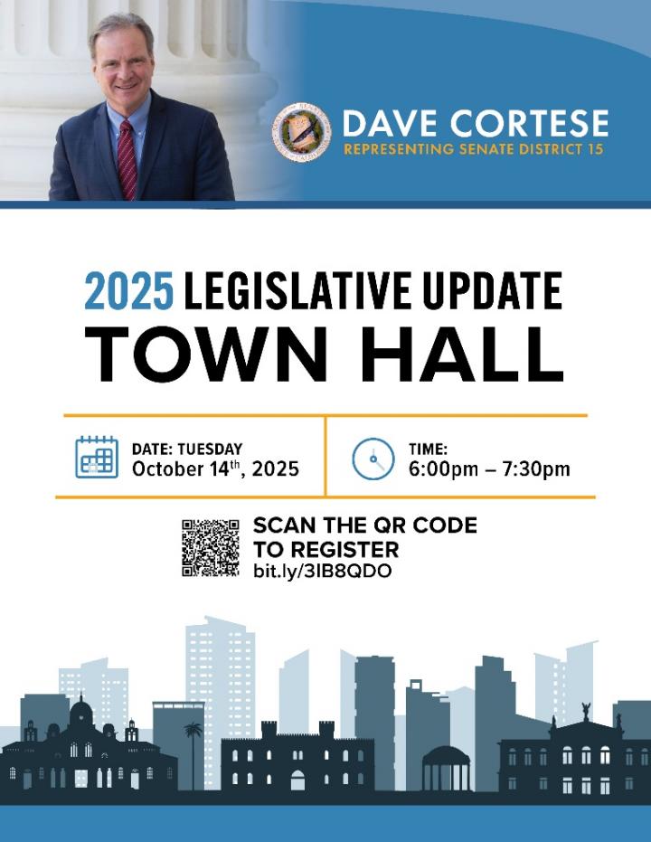 Promotional graphic for event, reading “2025 legislative update town hall”, with a QR code to the registration form.