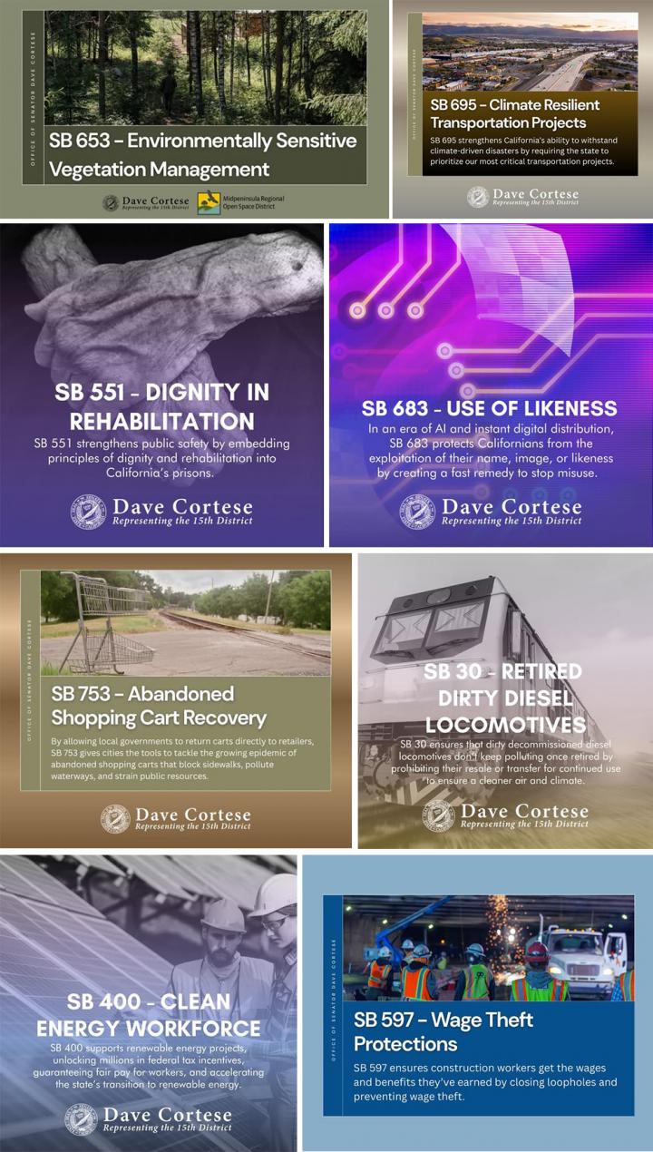 8 informative graphics for SB 653, SB 695, SB 551, SB 683, SB 753, SB 30, SB 400, and SB 597.