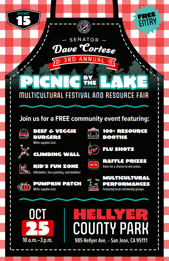 Promotional graphic for event reading “Senator Dave Cortese 3rd Annual Picnic by the Lake multicultural festival and resource fair”