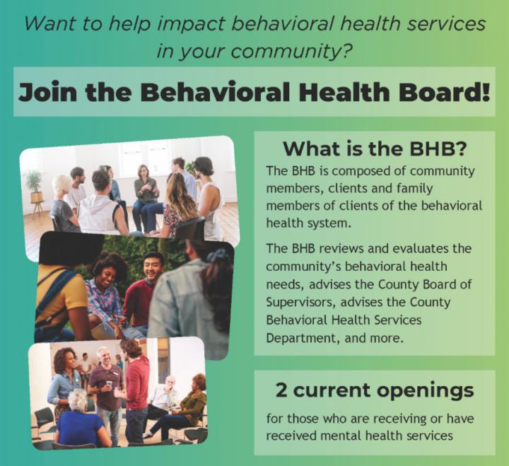 Promotional Graphic reading “join the Behavioral health Board” with information about the board and 2 current openings.