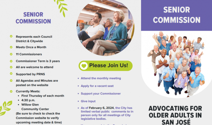 Promotional Graphic reading “senior commission advocating for older adults in San Jose” with additional information about the Senior Commission”