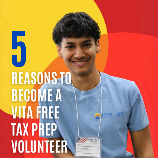 Promotional Graphic reading “5 reasons to become a VITA free tax prep volunteer” next to a photo of a young man.