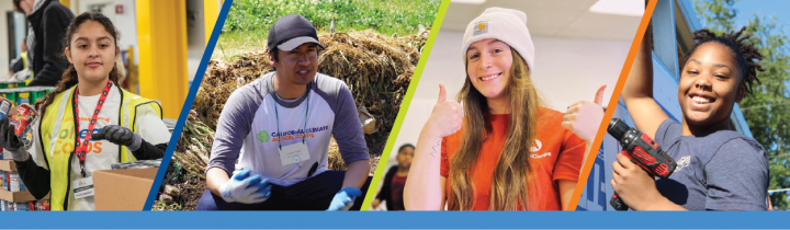 Four pictures of a different community member each, serving the public through food packaging, gardening, and building.