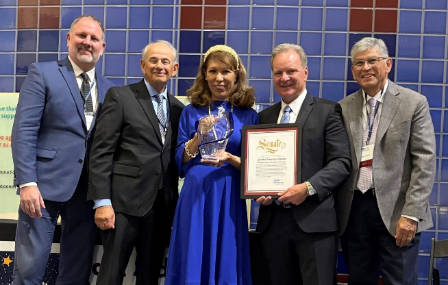 Senator Cortese presenting a certificate alongside ESUSD Superintendent Glenn Vander Zee, Manny Barbara, SJSU president Cynthia Teniente-Matson, and Dan Moser