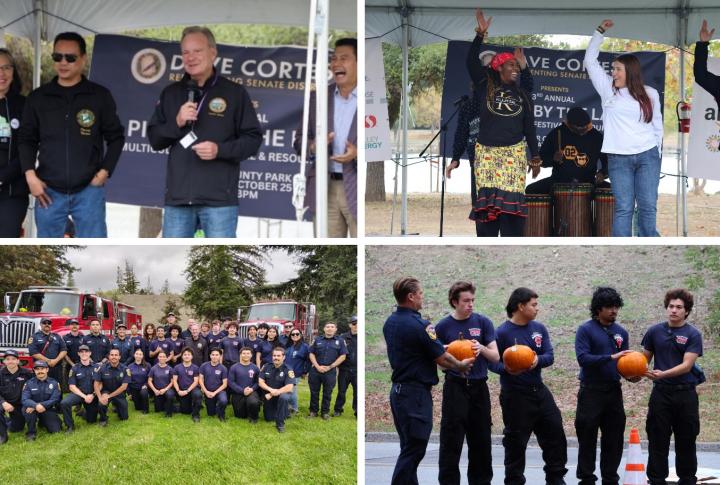 Senator Cortese speaking at his Annual Picnic by the Lake event, Senator Cortese with resource booth participants, performer dancing with audience member, Fire Science Academy students posing in front of fire trucks, Fire Science Academy students unloading pumpkins. 