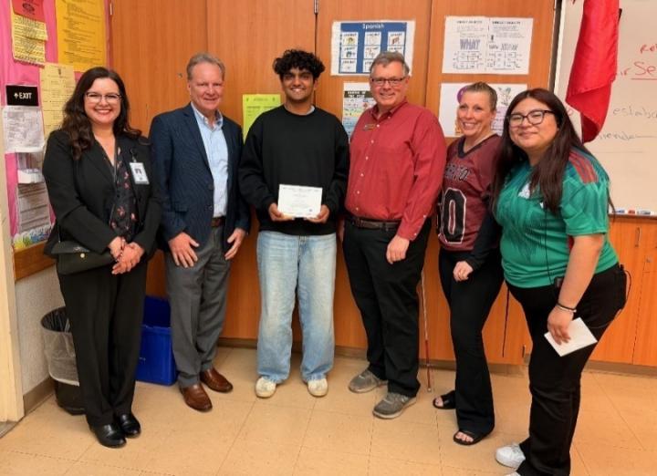 Senator Cortese photographed with a MHUSD Superintendent Carmen Garcia, a student, Trustee John Horner, Principal Theresa Sage, and ADA Assistant Dora Jimenez