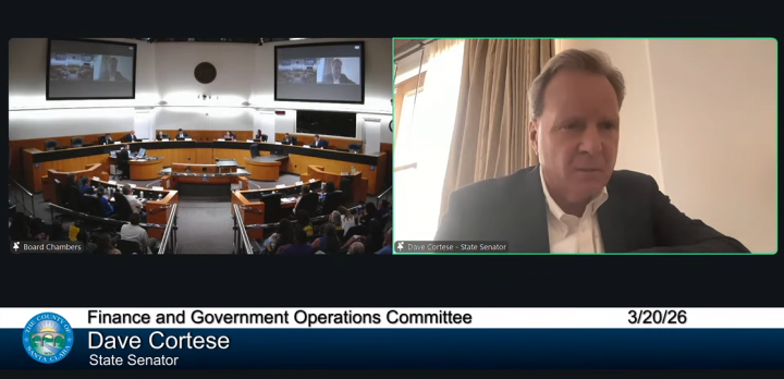 Senator Cortese pictured speaking at the Santa Clara County Finance and Government Operations Committee