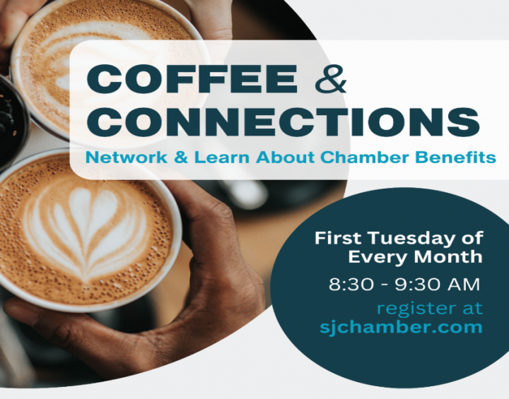 Graphic reading “Coffee &amp; Connections” with details regarding date and time.