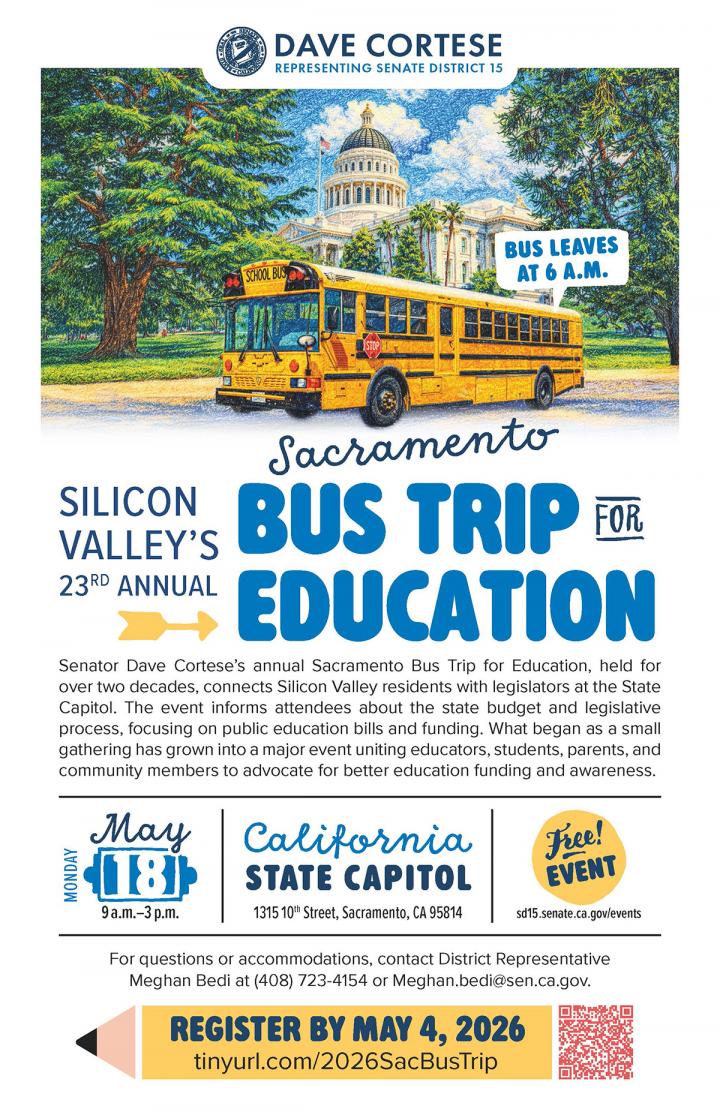 Informational Graphic reading "Silicon Valley's 23rd Annual Sacramento Bus Trip for Education" with additional details