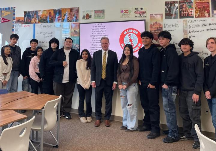 Senator Cortese photographed with students at the Roberto Cruz Leadership Academy