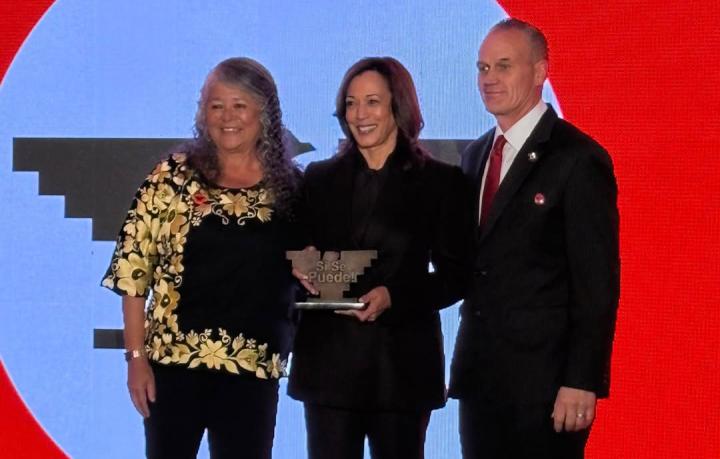 Former Vice President Kamala Harris photographed with UFW President Teresa Romero (left) and IAFF General Secretary Frank Lima (right).